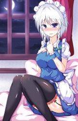 Rule 34 | 1girl, absurdres, apron, black thighhighs, blue dress, blue skirt, blush, braid, breasts, cloud, crescent moon, curtains, dress, garter straps, hand on own chest, highres, izayoi sakuya, lace, lace-trimmed legwear, lace trim, large breasts, looking at viewer, maid apron, maid headdress, moon, naba (take tonbo), night, open mouth, puffy sleeves, shirt, short sleeves, silver hair, sitting, skirt, sky, smile, solo, star (sky), starry sky, thighhighs, touhou, twin braids, upskirt, waist apron, window, wrist cuffs, zettai ryouiki