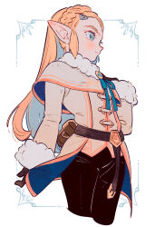 Rule 34 | 1girl, aqua ribbon, belt, belt pouch, black pants, blonde hair, blush, braid, bright pupils, brown bag, brown belt, brown gloves, capelet, closed mouth, commentary request, eyelashes, fur-trimmed jacket, fur trim, gloves, grey eyes, hair ornament, hairclip, hand up, highres, jacket, long hair, long sleeves, neck ribbon, nintendo, oharu-chan, pants, pointy ears, pouch, princess zelda, ribbon, sidelocks, solo, the legend of zelda, the legend of zelda: breath of the wild, white background