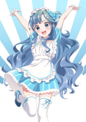 Rule 34 | 1girl, apron, arms up, asari nanami, blue dress, blue eyes, blue footwear, blue hair, blue ribbon, blush, bow, breasts, collar, cowboy shot, detached collar, dot nose, dress, fish hair ornament, frilled apron, frilled dress, frilled ribbon, frills, hair bow, hair ornament, hair ribbon, hair rings, highres, idolmaster, idolmaster cinderella girls, idolmaster cinderella girls starlight stage, leg ribbon, leg up, long hair, looking at viewer, neck ribbon, open hands, open mouth, ribbon, scrunchie, shoes, short sleeves, small breasts, smile, solo, standing, standing on one leg, striped clothes, striped dress, teeth, thigh ribbon, thighhighs, tottoto tomekichi, two-tone background, upper teeth only, v-shaped eyebrows, very long hair, waist bow, white apron, white bow, white collar, white headdress, white scrunchie, white thighhighs, wrist scrunchie