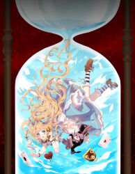 Rule 34 | 1girl, :o, absurdres, ace (playing card), ace of hearts, ace of spades, alice (alice in wonderland), alice in wonderland, antique phone, apron, back bow, blonde hair, blue bow, blue dress, blue eyes, bow, broken heart, card, commentary request, cup, dress, falling, footwear bow, frilled apron, frills, full body, hair bow, hat, heart, high heels, highres, holding, holding phone, hourglass, in hourglass, long hair, looking at viewer, miemia, neck ruff, open mouth, phone, playing card, pocket watch, puffy short sleeves, puffy sleeves, rabbit, rotary phone, saucer, shoes, short sleeves, signature, socks, solo, spade (shape), sparkle, striped clothes, striped socks, talking on phone, teacup, very long hair, watch, water, white rabbit (alice in wonderland), wrist cuffs