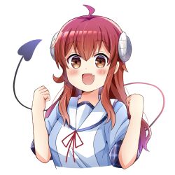 Rule 34 | 1girl, :d, ahoge, blue shirt, blush, brown eyes, brown hair, chinese commentary, clenched hands, commentary, cropped torso, curled horns, demon girl, demon horns, demon tail, fang, hands up, happy, hellfire00001, highres, horns, long hair, looking at viewer, machikado mazoku, open mouth, red ribbon, ribbon, sailor collar, school uniform, serafuku, shirt, short sleeves, sidelocks, simple background, skin fang, smile, solo, tail, tail raised, wavy hair, white background, white sailor collar, yoshida yuuko (machikado mazoku)