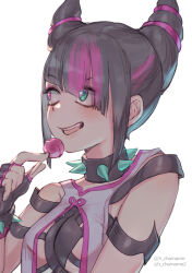 Rule 34 | 1girl, :d, artist name, black hair, breasts, candy, chamame, collar, food, green eyes, han juri, heterochromia, holding, holding candy, holding food, holding lollipop, lollipop, medium breasts, multicolored hair, open mouth, pink eyes, pink hair, simple background, smile, solo, spiked collar, spikes, street fighter, street fighter v, two-tone hair, upper body, white background