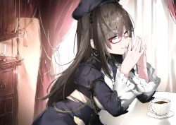 Rule 34 | 1girl, absurdres, azur lane, beret, black bow, black hat, black jacket, bow, breasts, brown hair, center frills, champagne flute, closed mouth, commentary request, cotton kanzaki, cup, curtains, drawer, dress, drinking glass, frills, glasses, hair between eyes, hair bow, hand up, hat, highres, jacket, juliet sleeves, london (azur lane), london (retrofit) (azur lane), long hair, long sleeves, medium breasts, necktie, pantyhose, pleated dress, puffy sleeves, red-framed eyewear, red eyes, semi-rimless eyewear, shirt, short necktie, skirt, smile, solo, table, teacup, two side up, under-rim eyewear, very long hair, white background, white shirt, wide sleeves