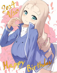 Rule 34 | 1girl, arched back, bc freedom military uniform, blonde hair, blue jacket, blue vest, closed mouth, commentary, cowboy shot, dated, dress shirt, drill hair, english commentary, floral background, flower, girls und panzer, green eyes, happy birthday, high collar, highres, jacket, leaning forward, long hair, long sleeves, looking at viewer, marie (girls und panzer), military uniform, miniskirt, petals, pleated skirt, rebirth42000, red flower, red rose, rose, shirt, skirt, smile, solo, standing, uniform, vest, white shirt, white skirt