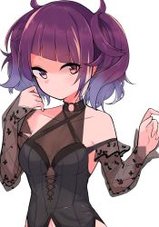 Rule 34 | 1girl, black choker, blush, breasts, choker, collarbone, covered collarbone, diagonal bangs, halterneck, hanetsuka, highres, idolmaster, idolmaster shiny colors, looking at viewer, medium breasts, purple eyes, purple hair, see-through, short twintails, simple background, solo, tanaka mamimi, twintails, upper body, white background