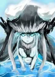 Rule 34 | 10s, 1girl, abyssal ship, blue eyes, blue theme, bodysuit, cannon, cape, colored skin, glowing, glowing eyes, gradient background, headphones, highres, kantai collection, long hair, looking at viewer, monochrome, solo, tsukineko, turret, water, wet, white hair, white skin, wo-class aircraft carrier