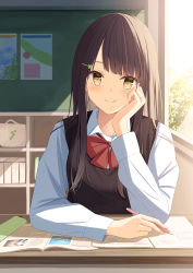 Rule 34 | 1girl, absurdres, black hair, black sweater vest, blunt bangs, blush, bow, classroom, collared shirt, commentary request, desk, hair ornament, hairclip, hand on own face, highres, holding, holding pencil, indoors, long hair, looking at viewer, original, pencil, red bow, school uniform, senri (senri sen), shirt, sitting, smile, sweater vest, white shirt, yellow eyes