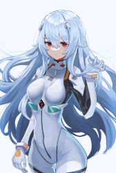 Rule 34 | 1girl, absurdres, alternate hair length, alternate hairstyle, arm at side, ayanami rei, blue hair, bodysuit, breasts, closed mouth, cowboy shot, expressionless, gloves, hair between eyes, hair ornament, hand in own hair, hand up, highres, huge filesize, long hair, looking at viewer, medium breasts, nebu (pixiv22443854), neon genesis evangelion, plugsuit, red hair, revision, simple background, solo, thigh gap, very long hair, white background, white bodysuit, white gloves