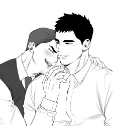 Rule 34 | 2boys, beware the ides of march, blush, chlthd 990, closed eyes, collared shirt, couple, greyscale, hand on another&#039;s shoulder, highres, kim nak-won, looking at another, male focus, monochrome, multiple boys, necktie, open mouth, park mok-hwa, shirt, short hair, simple background, smile, upper body, vest, yaoi