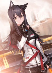 Rule 34 | 1girl, animal ears, arknights, belt, belt pouch, black gloves, black hair, black shorts, brown eyes, capelet, cigarette, commentary request, cowboy shot, dutch angle, earrings, fingerless gloves, gloves, hair between eyes, highres, holding, holding cigarette, jacket, jewelry, kinona, long hair, long sleeves, looking at viewer, outdoors, pantyhose, parted lips, pouch, short shorts, shorts, smile, smoke, solo, sunlight, texas (arknights), white jacket, wolf ears