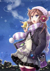 Rule 34 | 1girl, absurdres, bad id, bad pixiv id, breath, brown hair, can, coat, earmuffs, hand in pocket, hat, highres, jewelry, necklace, open mouth, pochi (pochi-goya), purple eyes, scarf, skirt, solo, star (symbol), striped clothes, striped scarf, thighhighs, train, winter clothes, winter coat, zettai ryouiki