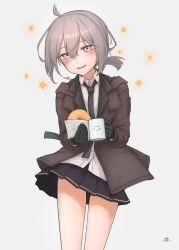 Rule 34 | 1girl, ahoge, black gloves, black necktie, black skirt, blush, brown jacket, collared shirt, commentary request, cup, doughnut, feet out of frame, flower (symbol), food, girls&#039; frontline, gloves, grey background, grey hair, half-closed eyes, highres, holding, holding cup, holding food, hood, hood down, hooded jacket, jacket, looking at viewer, low ponytail, m200 (girls&#039; frontline), miniskirt, mji (emucchi), mug, necktie, open clothes, open jacket, open mouth, pleated skirt, purple eyes, shirt, short ponytail, signature, simple background, skirt, smile, solo, standing, white shirt