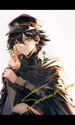Rule 34 | 1boy, ;), absurdres, baocaizi, black hair, black hat, black jacket, black pants, black shirt, bungou stray dogs, closed mouth, commentary, green eyes, grey background, hair between eyes, hat, highres, jacket, letterboxed, long sleeves, looking at viewer, male focus, one eye closed, pants, peaked cap, shirt, simple background, sleeves past wrists, smile, solo, suehiro tetchou (bungou stray dogs), v