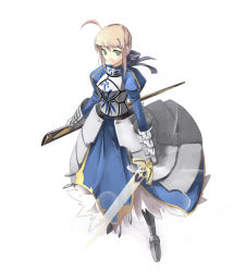 Rule 34 | 00s, 1girl, ahoge, armor, armored dress, artoria pendragon (all), artoria pendragon (fate), avalon (fate/stay night), blonde hair, bow, dress, excalibur (fate/stay night), fate/stay night, fate (series), faulds, gauntlets, greaves, green eyes, hair bow, hair ribbon, invisible air (fate), ribbon, saber (fate), satomi (black scarecrow), sheath, short hair, simple background, solo, sword, weapon