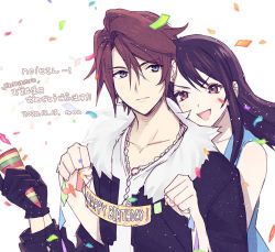 Rule 34 | 1boy, 1girl, black hair, brown hair, closed mouth, final fantasy, final fantasy viii, gloves, happy birthday, jewelry, long hair, looking at viewer, necklace, noie (neunteedelstein), open mouth, rinoa heartilly, scar, simple background, sleeveless, smile, squall leonhart, white background