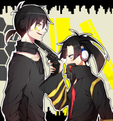Rule 34 | 1boy, 1girl, at gunpoint, bandaid, bandaid on face, black hair, black shirt, dark konoha, enomoto takane, finger on trigger, from side, gas mask, grey jacket, grey shirt, gun, handgun, headphones, height difference, holding, holding gun, holding weapon, jacket, kagerou project, konoha (kagerou project), long sleeves, looking at another, mask, mekakucity actors, multicolored background, open mouth, parted bangs, pointing gun, popped collar, red eyes, red shirt, revolver, serious, shirt, short hair, t-shirt, tknsh (takanashi 10), twintails, weapon, wide sleeves, yellow eyes