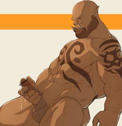 Rule 34 | 1boy, abs, arm tattoo, bald, bar censor, bara, beard, censored, chest tattoo, completely nude, cum, dark skin, erection, facial hair, fangs, from side, garrosh hellscream, highres, large pectorals, male focus, male masturbation, masturbation, mature male, monster boy, muscular, muscular male, nipples, nose piercing, nose ring, nude, orc, pectorals, penis, piercing, pointy ears, ryker, solo, stomach, stubble, tattoo, thick thighs, thighs, warcraft, world of warcraft