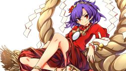 Rule 34 | 1girl, absurdres, ankleband, baba (baba seimaijo), bare legs, bell, commentary request, hair ornament, hairband, highres, knee up, layered sleeves, leaf hair ornament, long skirt, long sleeves, looking at viewer, mirror, purple hair, red eyes, red shirt, red skirt, rope, sandals, shide, shimenawa, shirt, short hair, short over long sleeves, short sleeves, sitting, skirt, solo, touhou, white background, yasaka kanako