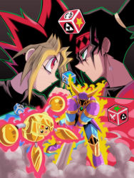 Rule 34 | 2boys, absurdres, artist name, black hair, black shirt, blonde hair, bright pupils, character request, closed mouth, commentary, dice, dyed bangs, earrings, green eyes, hair tie, headband, highres, jewelry, male focus, multiple boys, muto yugi, otogi ryuuji, phil vzq, red hair, shirt, spiked hair, watermark, white pupils, yu-gi-oh!, yu-gi-oh! duel monsters