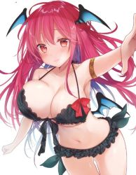 Rule 34 | 1girl, arm up, armlet, armpits, bare arms, bare shoulders, bikini, black bikini, blush, bow, breasts, collarbone, commentary request, cowboy shot, demon wings, foreshortening, frilled bikini, frills, hair between eyes, halterneck, head wings, koakuma, lace, lace-trimmed bikini, lace trim, large breasts, long hair, looking at viewer, natsuki (ukiwakudasai), navel, polka dot, polka dot bikini, red bow, red eyes, red hair, simple background, skindentation, smile, solo, standing, stomach, swimsuit, thighs, touhou, unmoving pattern, white background, wings