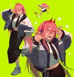 Rule 34 | 1girl, black necktie, black skirt, breasts, chainsaw man, claw pose, clenched hands, collared shirt, crop top, demon girl, denim, denim jacket, fangs, full body, green background, grin, hair between eyes, hand in pocket, headphones, horns, jacket, kyunmei, long hair, long skirt, long sleeves, looking at viewer, medium breasts, midriff, multicolored nails, multiple views, necktie, oni horns, open mouth, orange eyes, pink hair, power (chainsaw man), red horns, sharp teeth, shirt, shoes, skirt, smile, sneakers, solo, star (symbol), teeth, upper body, v-shaped eyebrows, white shirt