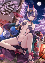 Rule 34 | 1girl, bare shoulders, barefoot sandals (jewelry), blush, bob cut, breasts, cherry blossoms, closed mouth, collarbone, cup, eyeliner, fate/grand order, fate (series), feet, full moon, gourd, headpiece, highres, horns, japanese clothes, kimono, lantern, legs, licking lips, looking at viewer, makeup, migimaki (migi mawashi), moon, navel, oni, open clothes, open kimono, petals, purple eyes, purple hair, purple kimono, revealing clothes, sakazuki, short eyebrows, short hair, shuten douji (fate), skin-covered horns, small breasts, smile, solo, tongue, tongue out