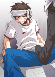 Rule 34 | 2boys, against wall, blood, brown hair, bruise, bulge, crotch, erection, headband, male focus, multiple boys, shima kyousuke, shoes, sitting, solo focus, undressing, wince, yaoi