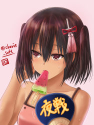 Rule 34 | black hair, blush, commentary request, eating, food, hair between eyes, hand fan, haura akitoshi, kantai collection, medium hair, night battle idiot, paper fan, pink background, popsicle, red eyes, sendai (kancolle), simple background, solo, sweat, sweatdrop, tan, two side up, uchiwa, watermelon bar