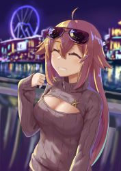 Rule 34 | 1girl, absurdres, ahoge, alternate costume, aviator sunglasses, bad id, bad pixiv id, blonde hair, blurry, blurry background, blush, breasts, city lights, cleavage cutout, closed eyes, clothing cutout, eyewear on head, ferris wheel, girls&#039; frontline, green eyes, highres, large breasts, long hair, looking at viewer, m1918 (girls&#039; frontline), meme attire, night, open-chest sweater, outdoors, parted lips, ribbed sweater, scenery, sidelocks, smile, solo, sunglasses, sweater, upper body, very long hair