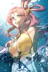 Rule 34 | 1girl, bikini, blue eyes, breasts, bubble, cleavage, commentary, crying, fish hair ornament, hair ornament, half updo, jaehyou, mermaid, monster girl, one piece, parted lips, pink hair, shirahoshi, swimsuit, tears, twintails, underwater, yellow bikini