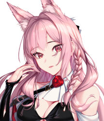 Rule 34 | 1girl, animal ear fluff, animal ears, arknights, bare shoulders, bowlp, braid, breasts, cleavage, hand up, large breasts, long hair, looking at viewer, parted lips, pink hair, pozyomka (arknights), red eyes, solo, upper body, wolf ears