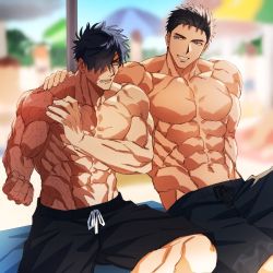 Rule 34 | 2boys, abs, bad id, bad twitter id, bara, beach, biceps, black hair, black male swimwear, black swim trunks, blue eyes, blue hair, blurry, blurry background, burn scar, carpet, clenched hands, domo (domo kizusuki), drawstring, fangs, feet out of frame, hand on another&#039;s shoulder, large pectorals, looking at another, male focus, male swimwear, manly, mature male, multiple boys, muscular, muscular male, navel, one eye covered, original, outdoors, pectorals, scar, scar on face, short hair, shorts, sitting, smile, spiked hair, swim trunks, swimsuit, teeth, thick arms, thick eyebrows, topless male, umbrella