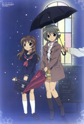 Rule 34 | 00s, 2girls, :o, absurdres, bag, black socks, boots, briefcase, brown hair, buttons, child, coat, dejiko, di gi charat, dress shirt, flat chest, grey eyes, grey hair, hair between eyes, hair intakes, hair ornament, hasegawa shin&#039;ya, height difference, highres, holding, jewelry, charm (object), knee boots, kneehighs, knees together feet apart, loafers, long hair, looking away, magazine scan, megami magazine, miniskirt, multiple girls, necklace, necktie, night, non-web source, official art, open clothes, open coat, open mouth, outdoors, outstretched arm, pendant, pleated skirt, puchiko, scan, school bag, school uniform, serafuku, shirt, shoes, short hair, sign, skirt, snow, snowing, socks, stained glass, standing, star (symbol), umbrella, v arms, white legwear, window, winter garden
