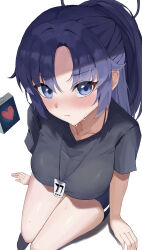 Rule 34 | 1girl, absurdres, black shirt, black shorts, blue archive, blush, breasts, closed mouth, collarbone, commentary, from above, gym shorts, halo, higashiwun izumi, highres, id card, lanyard, large breasts, long hair, looking at viewer, mechanical halo, official alternate costume, purple eyes, purple hair, shirt, short sleeves, shorts, simple background, solo, white background, yuuka (blue archive), yuuka (track) (blue archive)