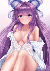 Rule 34 | 1girl, absurdres, ahoge, azur lane, bare shoulders, blouse, blush, bow, breasts, breasts apart, collarbone, hair bow, hair over breasts, hair over one breast, highres, legs together, long hair, looking at viewer, medium breasts, naked shirt, purple eyes, purple hair, ryara, see-through, see-through shirt, shirt, sitting, smile, solo, tashkent (azur lane), tashkent (the blue snoozer) (azur lane), undressing, very long hair, wet, wet clothes, wet shirt, white shirt