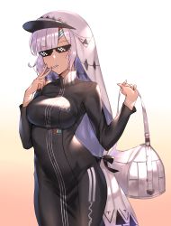 Rule 34 | 1girl, altera (fate), altera (traveling outfit) (fate), arms up, bag, black dress, black ribbon, blunt bangs, breasts, covered navel, dark-skinned female, dark skin, deal with it (meme), dress, drooling, duffel bag, expressionless, facing viewer, fate/grand order, fate (series), fingernails, glasses, gradient background, grey hair, headband, heiyan shenshi, heroic spirit traveling outfit, highres, long sleeves, looking at viewer, medium breasts, meme, mouth hold, pink background, ribbon, saliva, short hair, sidelocks, solo, standing, sunglasses, turtleneck, veil, visor cap, white background