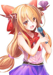Rule 34 | 1girl, bare shoulders, blonde hair, blush, bow, cookie (touhou), hair between eyes, hair bow, highres, horn ornament, horn ribbon, horns, ibuki suika, long hair, looking at viewer, low-tied long hair, microphone, mutsutake, open mouth, red eyes, ribbon, simple background, smile, solo, szk, touhou, white background