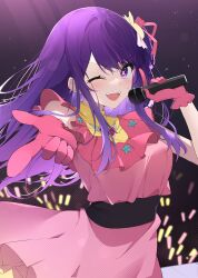 Rule 34 | 1girl, absurdres, dress, gloves, glowstick, hair ornament, hair ribbon, highres, holding, holding microphone, hoshino ai (oshi no ko), idol, idol clothes, long hair, microphone, one eye closed, open mouth, oshi no ko, penlight (glowstick), pink dress, pink gloves, pink ribbon, pointing, purple hair, rabbit hair ornament, ribbon, solo, star-shaped pupils, star (symbol), star ornament, symbol-shaped pupils, yuuki02