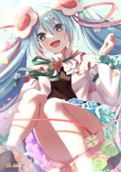 Rule 34 | 1girl, :d, absurdres, aqua eyes, aqua hair, blurry, commentary, convenient leg, depth of field, flower, hair flower, hair ornament, hand up, hatsune miku, highres, jacket, knees up, long hair, looking at viewer, magical mirai (vocaloid), magical mirai miku, magical mirai miku (2021), miku day, miniskirt, multicolored flower, multicolored rose, nota ika, open mouth, rose, skirt, smile, solo, twintails, twitter username, vocaloid, white jacket