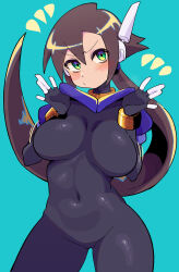 1girl absurdres aile_(mega_man_zx) black_bodysuit blue_background blue_jacket blush bodysuit bodysuit_under_clothes bracelet breasts breath brown_hair buzzlyears commentary covered_navel cropped_jacket green_eyes hand_on_own_hip highres jacket jewelry large_breasts long_hair looking_at_viewer mega_man_(series) mega_man_zx mega_man_zx_advent ponytail robot_ears solo