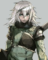 Rule 34 | 1boy, armor, blue eyes, grey background, hair between eyes, holding, hungry clicker, long hair, long sleeves, looking at viewer, male focus, nier (series), nier (brother), simple background, solo, upper body, white hair