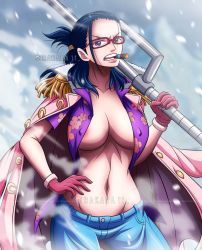 Rule 34 | 1girl, blue hair, breasts, cigarette, clothes, covered erect nipples, female focus, glasses, gloves, highres, holding, holding weapon, long hair, looking at viewer, medium breasts, one piece, open mouth, ponytail, purple eyes, rakara11 (rakkarts), smoker (one piece), solo, tashigi, weapon
