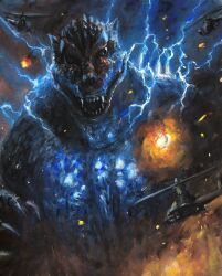 Rule 34 | aircraft, blue electricity, dinosaur, electricity, embers, energy, explosion, fire, g.n.a, glowing, godzilla, godzilla (series), gojira, helicopter, highres, japan self-defense force, kaijuu, military, no humans, smoke, toho