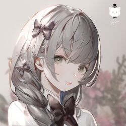 Rule 34 | 1girl, artist logo, black bow, black bowtie, blurry, blurry background, bow, bowtie, closed mouth, commentary, dated commentary, english commentary, grey hair, hair bow, highres, jung wonjo, lips, long hair, looking at viewer, original, pink lips, portrait, shirt, signature, smile, solo, white shirt