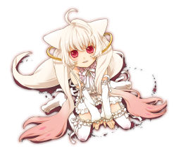 Rule 34 | 10s, 1girl, ahoge, animal ears, bad id, bad pixiv id, detached sleeves, from above, highres, kyubey, mahou shoujo madoka magica, mahou shoujo madoka magica (anime), nekoyanagi moyo, open mouth, personification, pink eyes, red eyes, solo, thighhighs, twintails, white hair