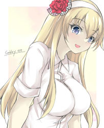 Rule 34 | 1girl, blonde hair, blouse, braid, breasts, collared shirt, commentary request, flower, french braid, gakky, grey eyes, hairband, kantai collection, large breasts, long hair, official alternate costume, one-hour drawing challenge, red flower, red rose, rose, shirt, solo, upper body, warspite (kancolle), white hairband, white shirt