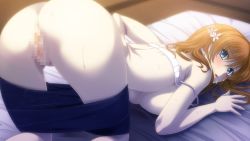 Rule 34 | 1girl, anus, arched back, ass, bed, blonde hair, blue eyes, blush, bra, bra lift, breast press, breasts, censored, cum, facial, female focus, from behind, futon, game cg, japanese clothes, large breasts, legs, looking back, mosaic censoring, no panties, noba, pussy, short hair, solo, sweat, thighs, top-down bottom-up, underwear, undressing, yobai suru shichinin no harame 2