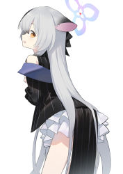 Rule 34 | 1girl, animal ears, black dress, black hair, black ribbon, blue archive, blush, commentary, dress, from behind, grey hair, hair ribbon, halo, highres, kokona (blue archive), long hair, long sleeves, looking at viewer, looking back, multicolored hair, orange eyes, parted lips, pelvic curtain, ribbon, simple background, solo, striped clothes, striped dress, vertical-striped clothes, vertical-striped dress, very long hair, wasabi60, white background