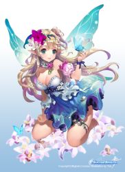 Rule 34 | 1girl, arm garter, bare shoulders, barefoot, breasts, bug, butterfly, cleavage, copyright name, dress, fairy wings, flower, hair flower, hair ornament, bug, iris (soccer spirits), kneeling, large breasts, official art, parted lips, pointy ears, soccer spirits, solo, tob, wings