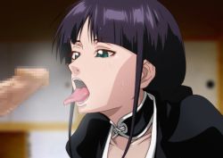 Rule 34 | 1girl, bleach, blush, censored, clothed female nude male, detached collar, erection, green eyes, kurotsuchi nemu, kyabakurabakufu, long hair, looking at another, mosaic censoring, nude, open mouth, penis, purple hair, saliva, solo focus, standing, sweat, tongue, tongue out, upper body